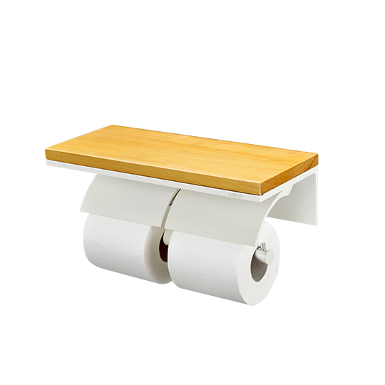 Doppel-Toilettenpapierhalter mit Holzregal (Aluminium mit Elfenbeinbeschichtung)